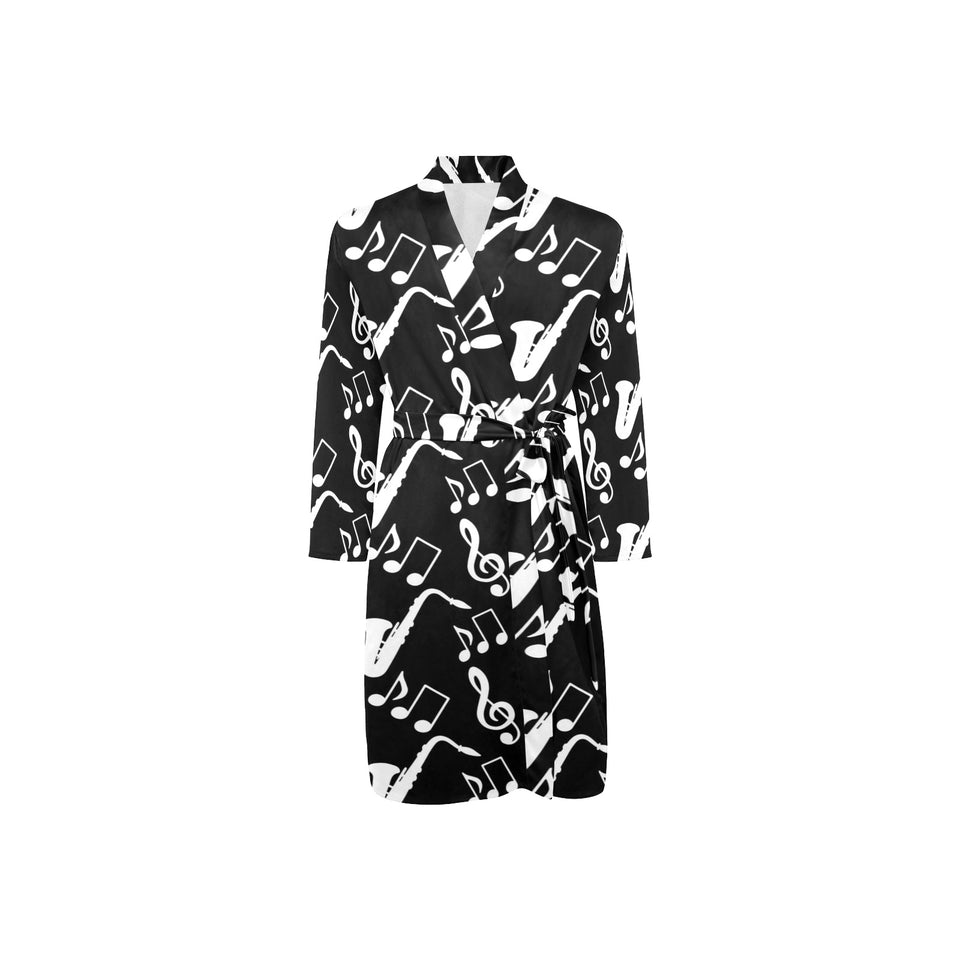 Saxophone music notes treble clef black white them Men's Long Sleeve Belted Night Robe