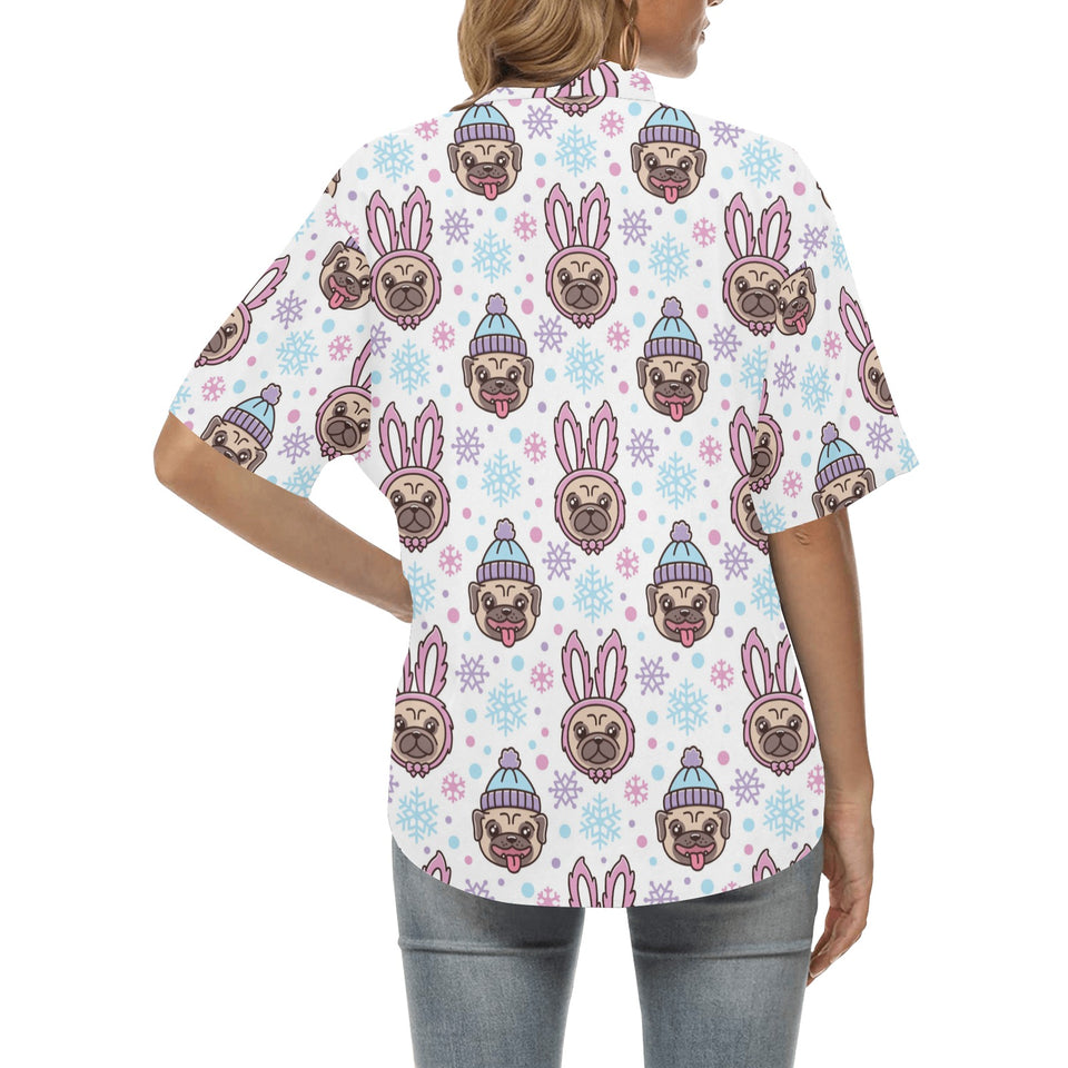Cute pug hat rabbit costume pattern Women's All Over Print Hawaiian Shirt