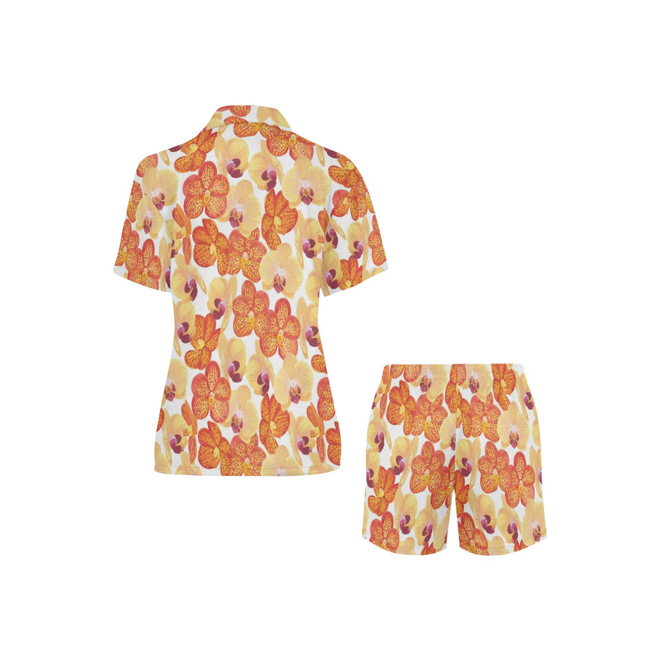 Orange yellow orchid flower pattern background Women's V-Neck Short Pajama Set
