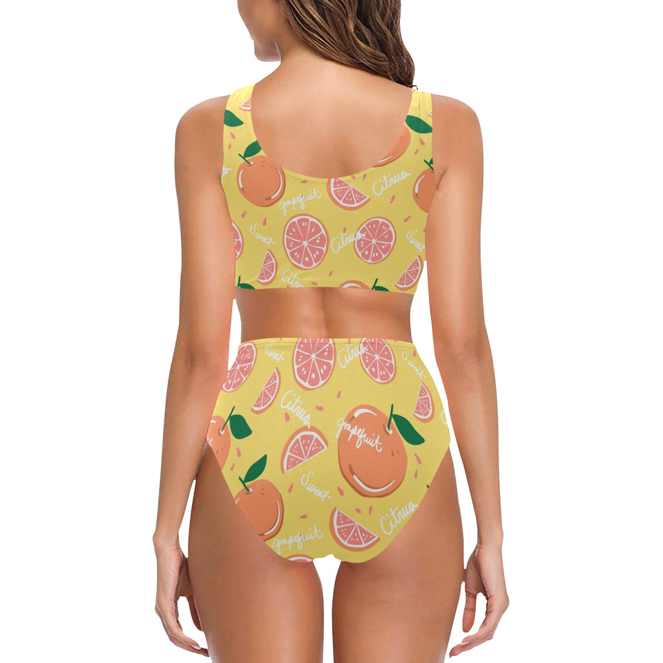 Grapefruit yellow background Chest Bowknot High Waisted Bikini Swimsuit