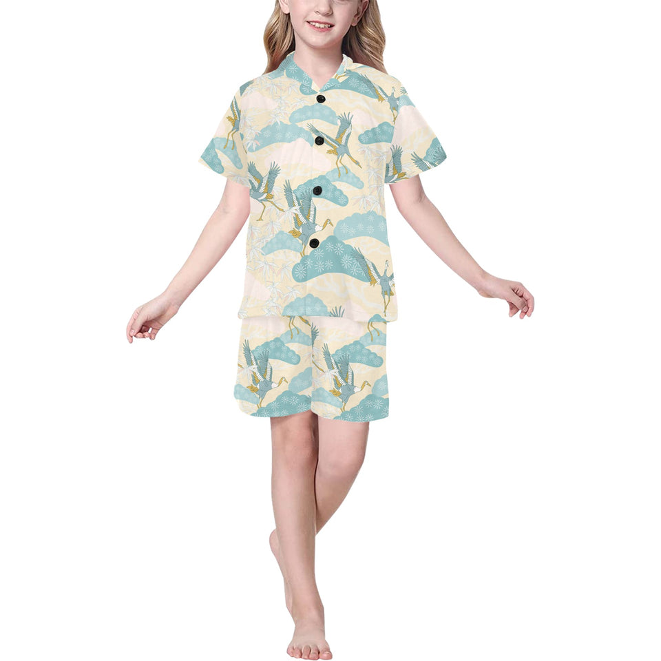 Bonsai bamboo stork japanese pattern cream theme Kids' Boys' Girls' V-Neck Short Pajama Set