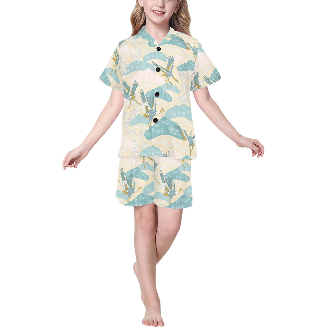 Bonsai bamboo stork japanese pattern cream theme Kids' Boys' Girls' V-Neck Short Pajama Set