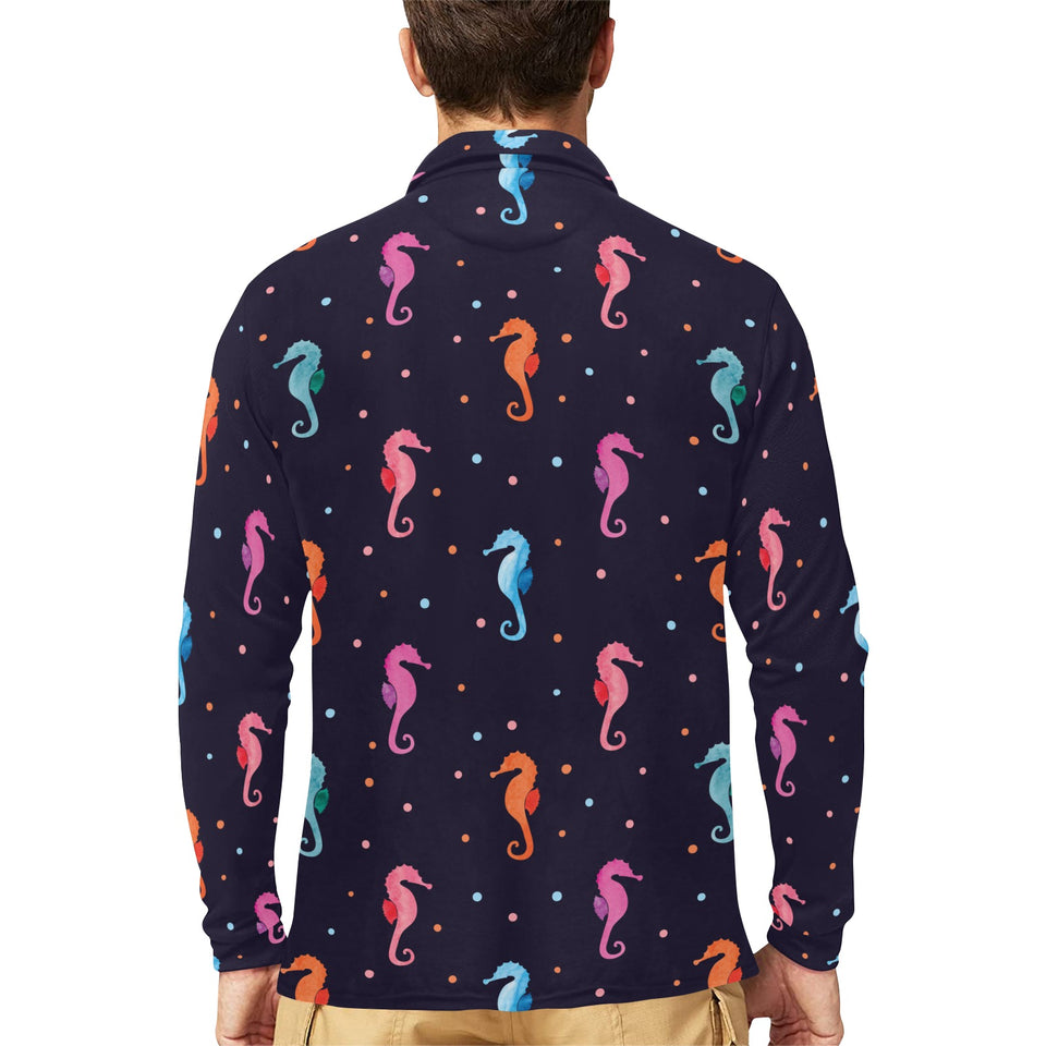 Watercolor colorful seahorse pattern Men's Long Sleeve Polo Shirt