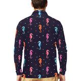 Watercolor colorful seahorse pattern Men's Long Sleeve Polo Shirt
