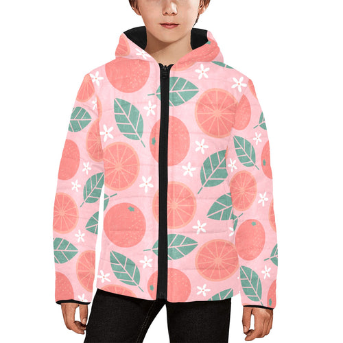 Grapefruit leaves flower pink background Kids' Boys' Girls' Padded Hooded Jacket