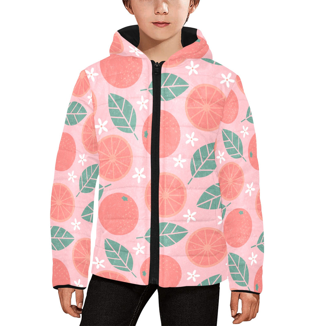 Grapefruit leaves flower pink background Kids' Boys' Girls' Padded Hooded Jacket