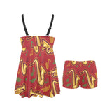Saxophone cornet pattern red background Chest Sexy Pleated Two Piece Swim Dress