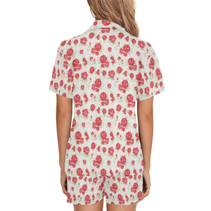 Rose Pattern Print Design 01 Women's V-Neck Short Pajama Set