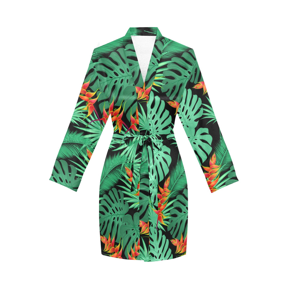 heliconia flower palm monstera leaves black backgr Women's Long Sleeve Belted Night Robe