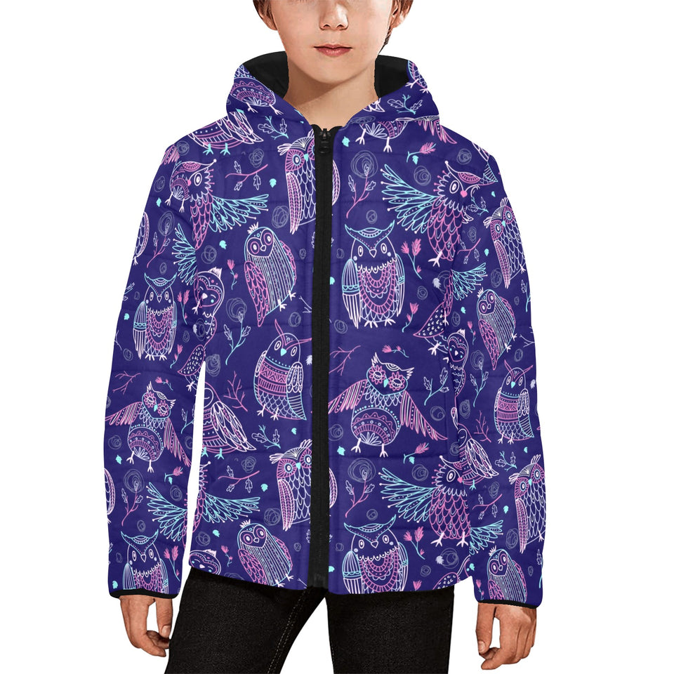 Cute owls pattern boho style ornament Kids' Boys' Girls' Padded Hooded Jacket