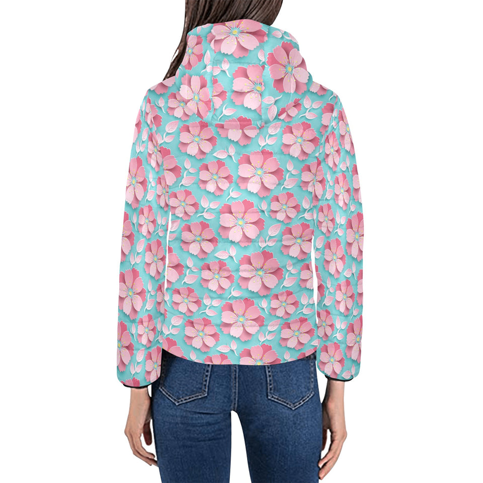3D sakura cherry blossom pattern Women's Padded Hooded Jacket