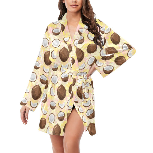 Coconut Pattern Print Design 05 Women's Long Sleeve Belted Night Robe