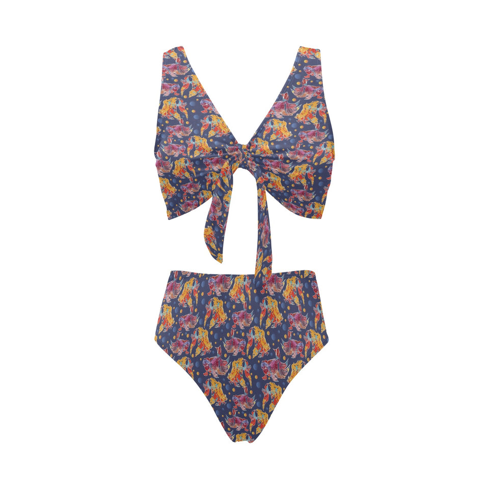 Goldfish Pattern Print Design 05 Chest Bowknot High Waisted Bikini Swimsuit