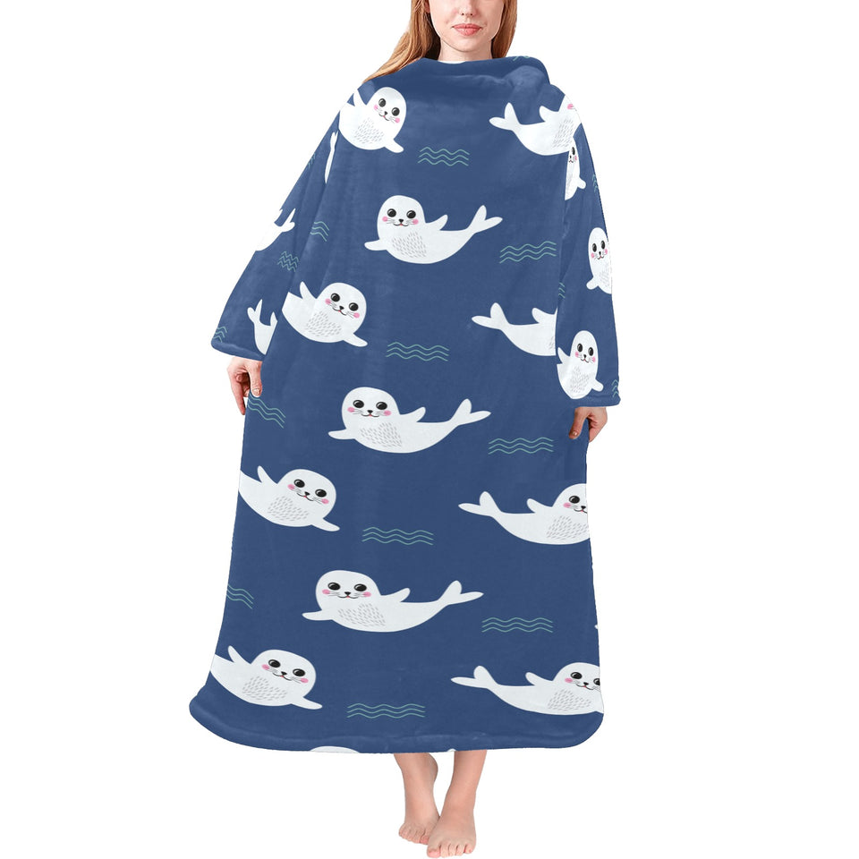 Cute white baby sea lion seal pattern Blanket Robe with Sleeves