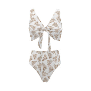 Hand drawn pizza pattern Chest Bowknot High Waisted Bikini Swimsuit