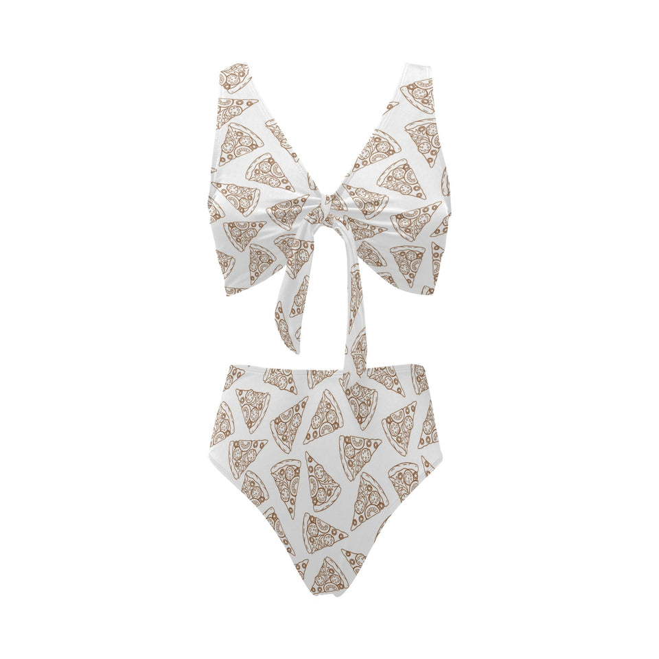 Hand drawn pizza pattern Chest Bowknot High Waisted Bikini Swimsuit