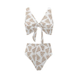 Hand drawn pizza pattern Chest Bowknot High Waisted Bikini Swimsuit