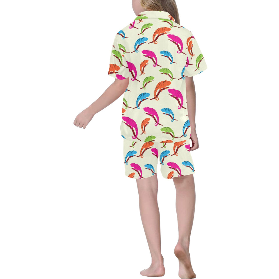 Colorful Chameleon lizard pattern Kids' Boys' Girls' V-Neck Short Pajama Set
