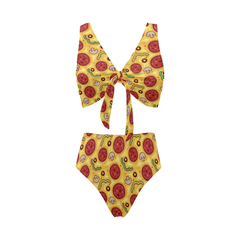 Pizza texture pattern Chest Bowknot High Waisted Bikini Swimsuit