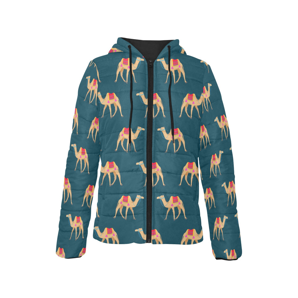 Camel pattern blue blackground Women's Padded Hooded Jacket
