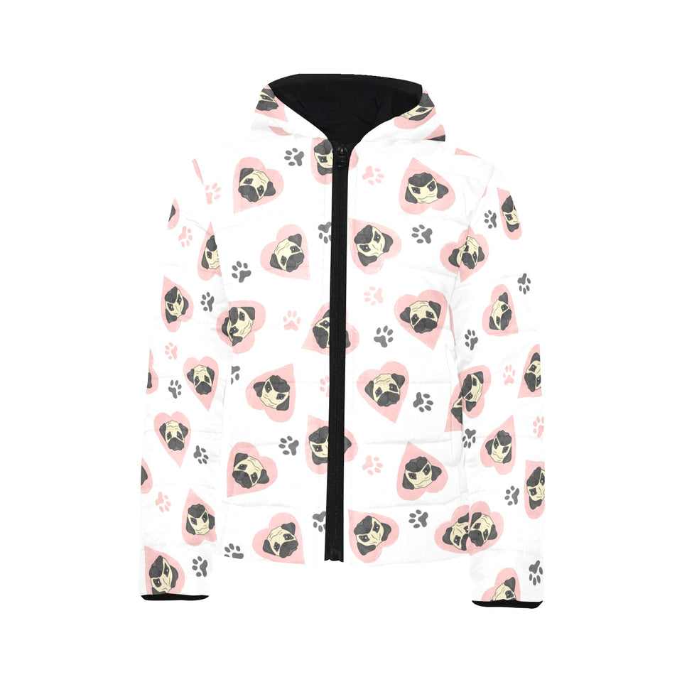 Cute pugs pink heart paw pattern Kids' Boys' Girls' Padded Hooded Jacket