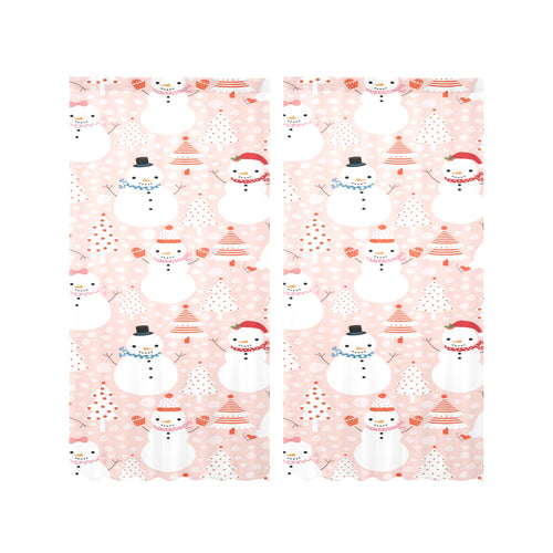 Cute snowman christmas tree snowpink background Gauze Curtain