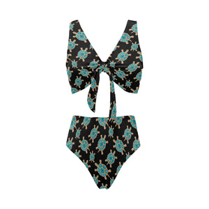 Sea turtle blue stone pattern Chest Bowknot High Waisted Bikini Swimsuit