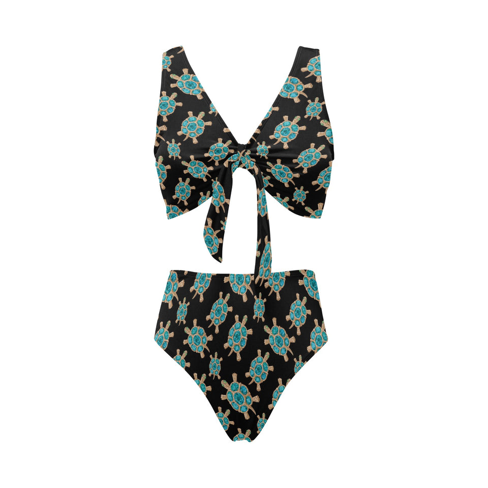 Sea turtle blue stone pattern Chest Bowknot High Waisted Bikini Swimsuit