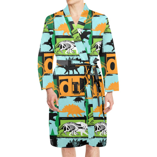 dinosaurs print pattern Men's Long Sleeve Belted Night Robe