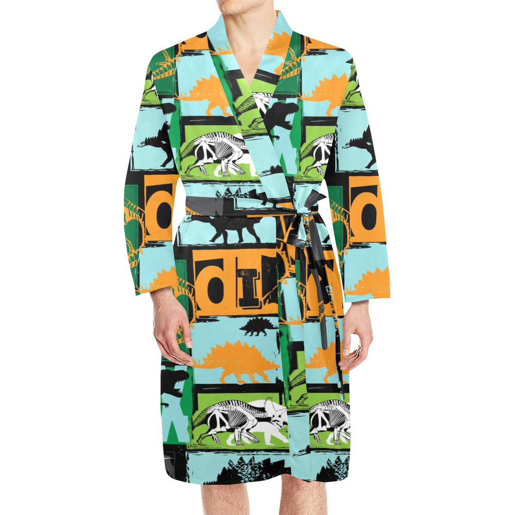 dinosaurs print pattern Men's Long Sleeve Belted Night Robe