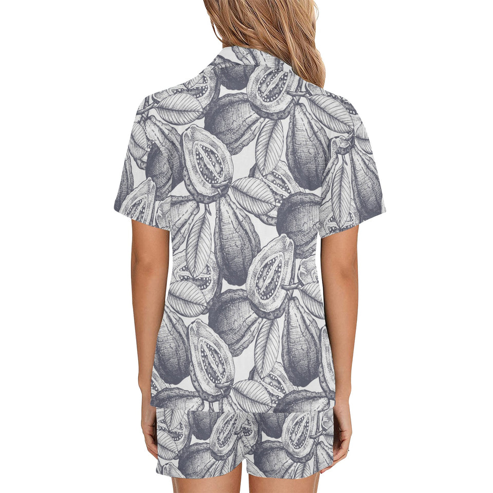 Guava tropical hand drawn pattern Women's V-Neck Short Pajama Set