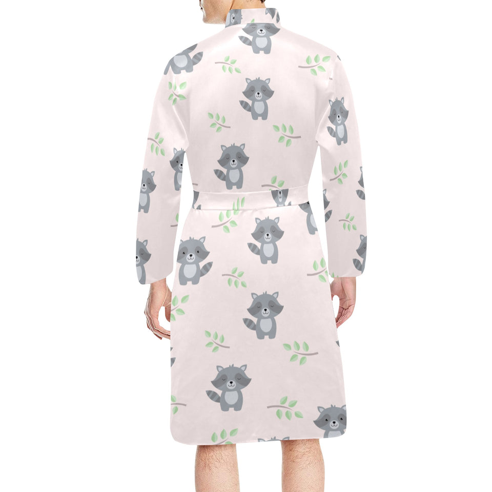 cute raccoons leaves pattern Men's Long Sleeve Belted Night Robe
