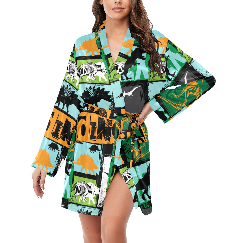 dinosaurs print pattern Women's Long Sleeve Belted Night Robe
