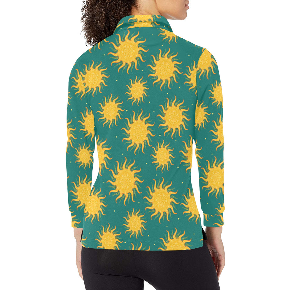 Sun green background Women's Long Sleeve Polo Shirt