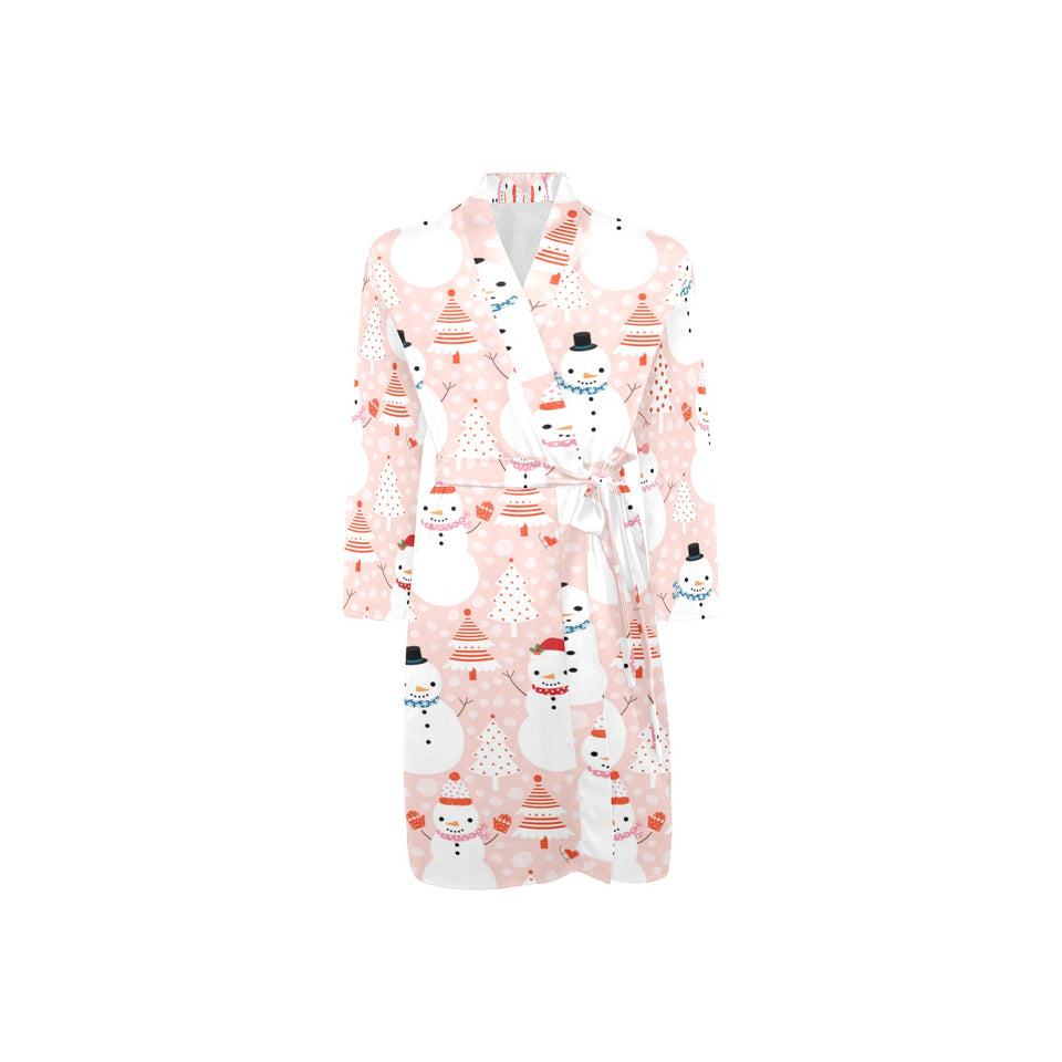 Cute snowman christmas tree snowpink background Men's Long Sleeve Belted Night Robe