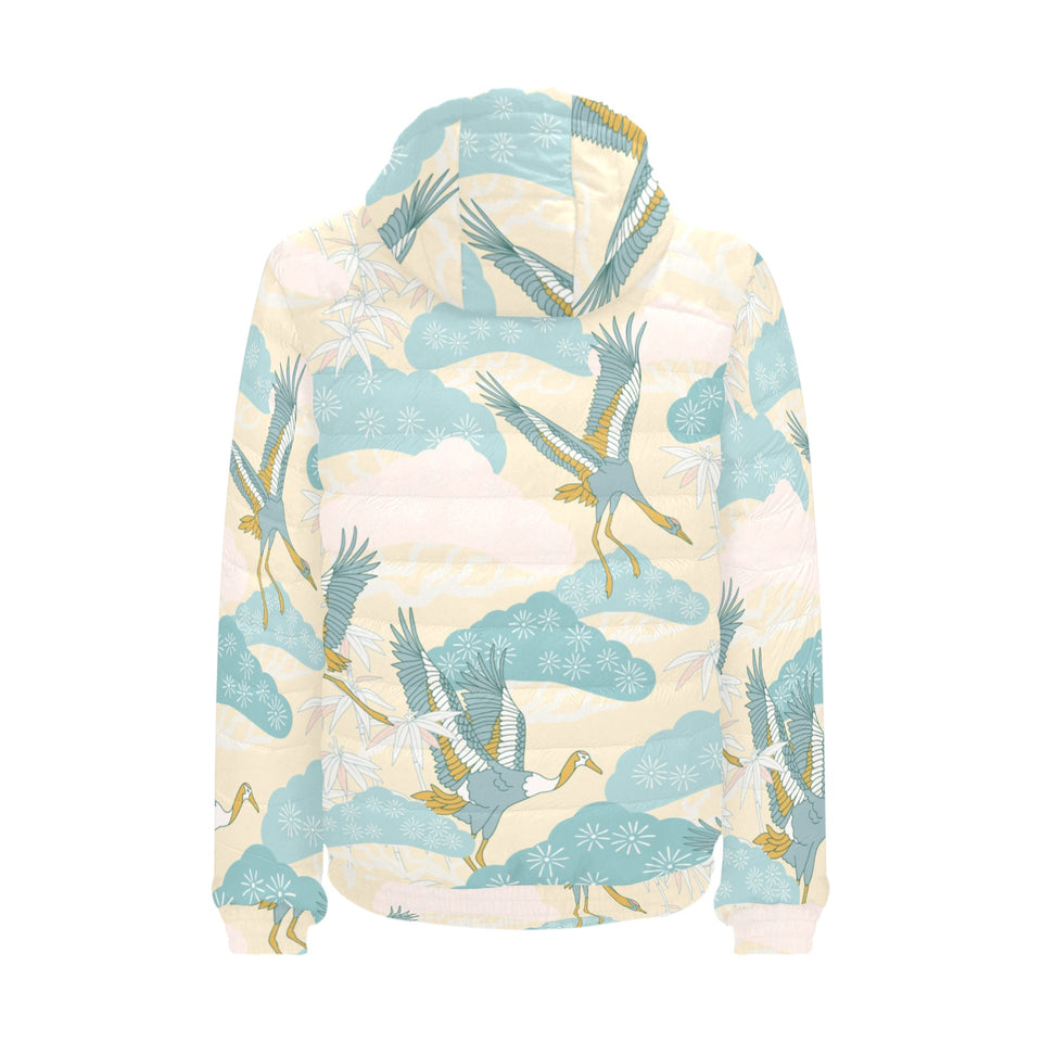 Bonsai bamboo stork japanese pattern cream theme Men's Padded Hooded Jacket