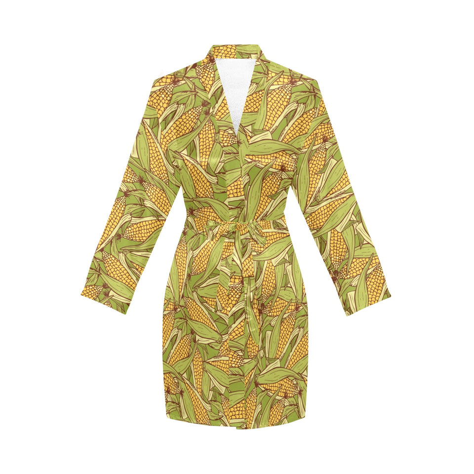 Corn Pattern Print Design 01 Women's Long Sleeve Belted Night Robe