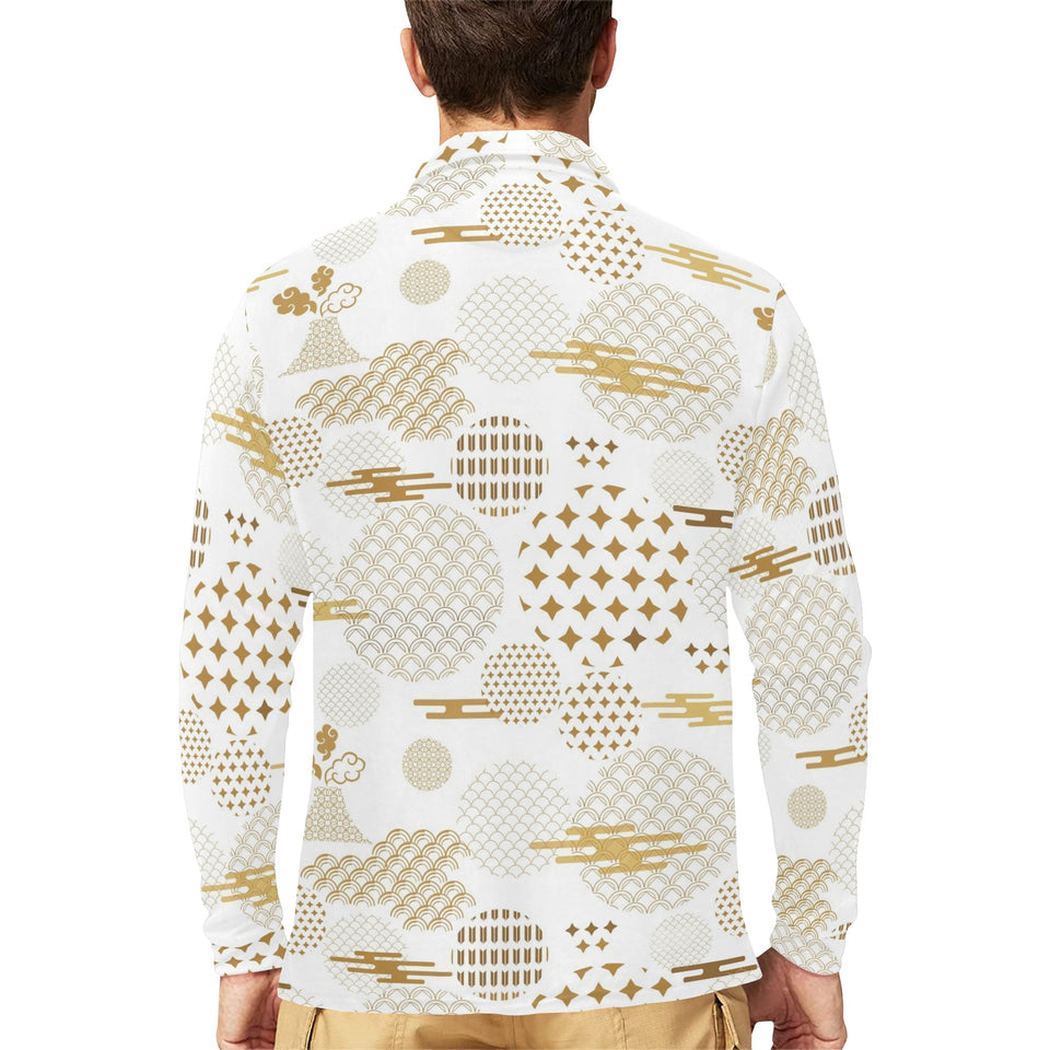Beautiful gold japanese pattern Men's Long Sleeve Polo Shirt