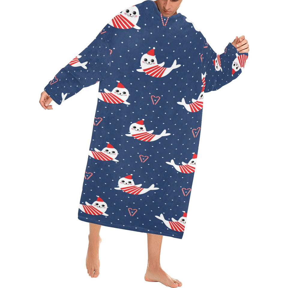 Cute sea lion seal christmas hat candy cane heart Blanket Robe with Sleeves