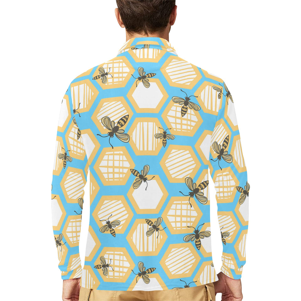 Bee honeycomb pattern Men's Long Sleeve Polo Shirt