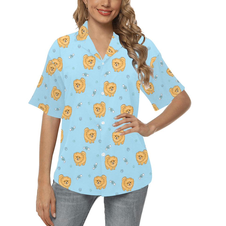 Brown cute pomeranian blue blackground Women's All Over Print Hawaiian Shirt