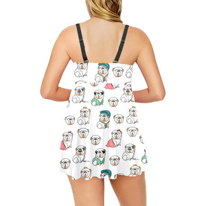 English Bulldog Pattern Print Design 03 Chest Sexy Pleated Two Piece Swim Dress
