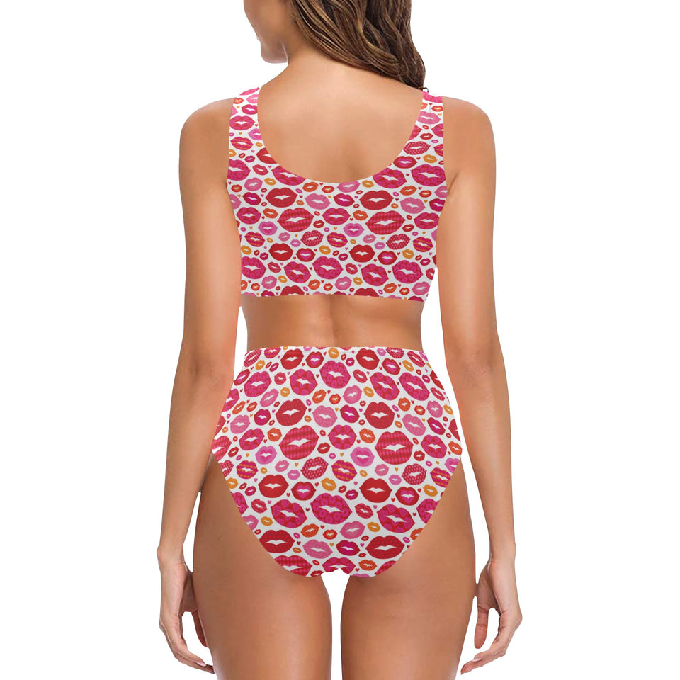 Lips Pattern Print Design 01 Chest Bowknot High Waisted Bikini Swimsuit