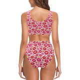 Lips Pattern Print Design 01 Chest Bowknot High Waisted Bikini Swimsuit