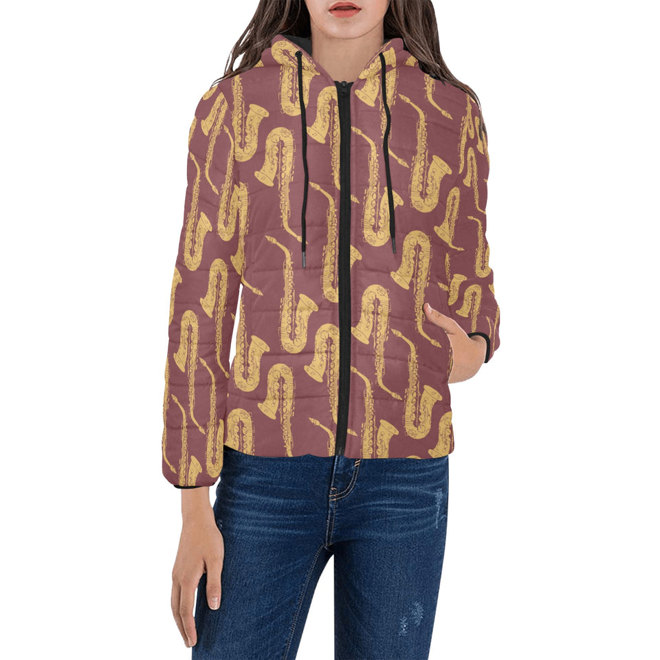 Hand drawn gold saxophone red background Women's Padded Hooded Jacket