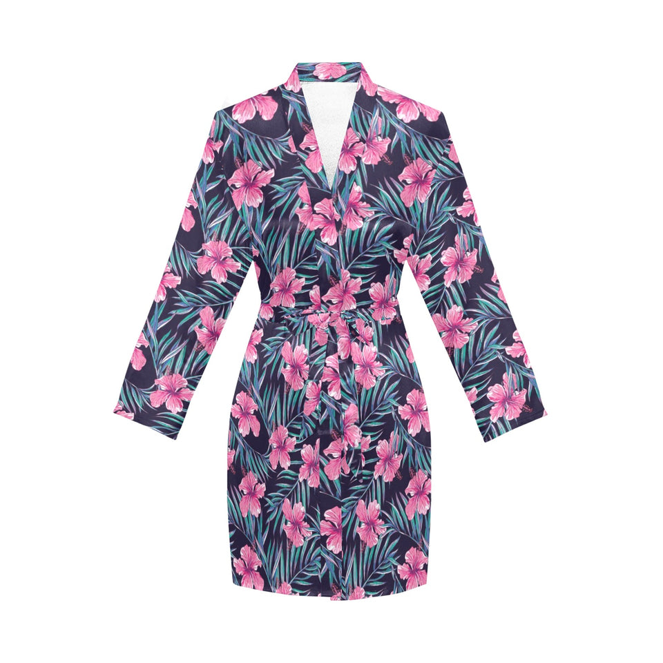 Hibiscus Pattern Print Design 05 Women's Long Sleeve Belted Night Robe