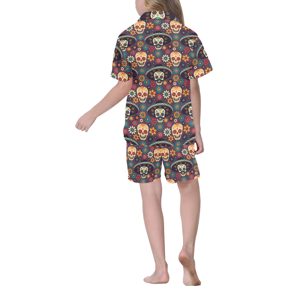 Sugar skulls flower maxican pattern Kids' Boys' Girls' V-Neck Short Pajama Set