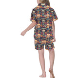 Sugar skulls flower maxican pattern Kids' Boys' Girls' V-Neck Short Pajama Set