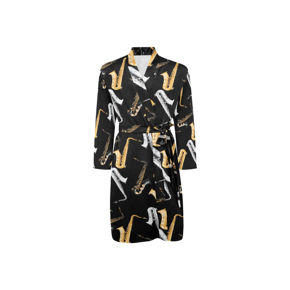 saxophone design pattern Men's Long Sleeve Belted Night Robe