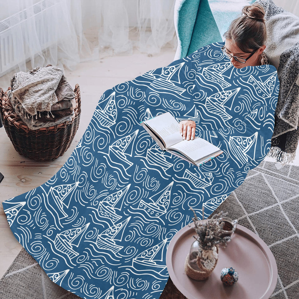 Hand drawn sailboat pattern Blanket Robe with Sleeves